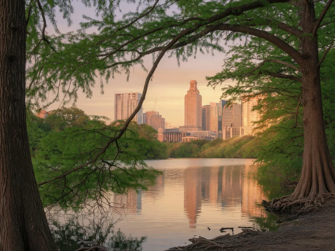 The Austin skyline at golden hour seen across Lady Bird Lake with cypress trees along the shore