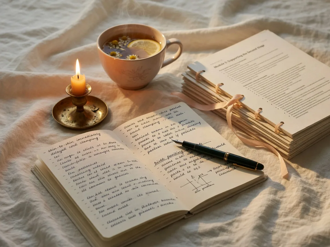 An open journal with birth-plan notes, course materials, and a cup of tea on a training table