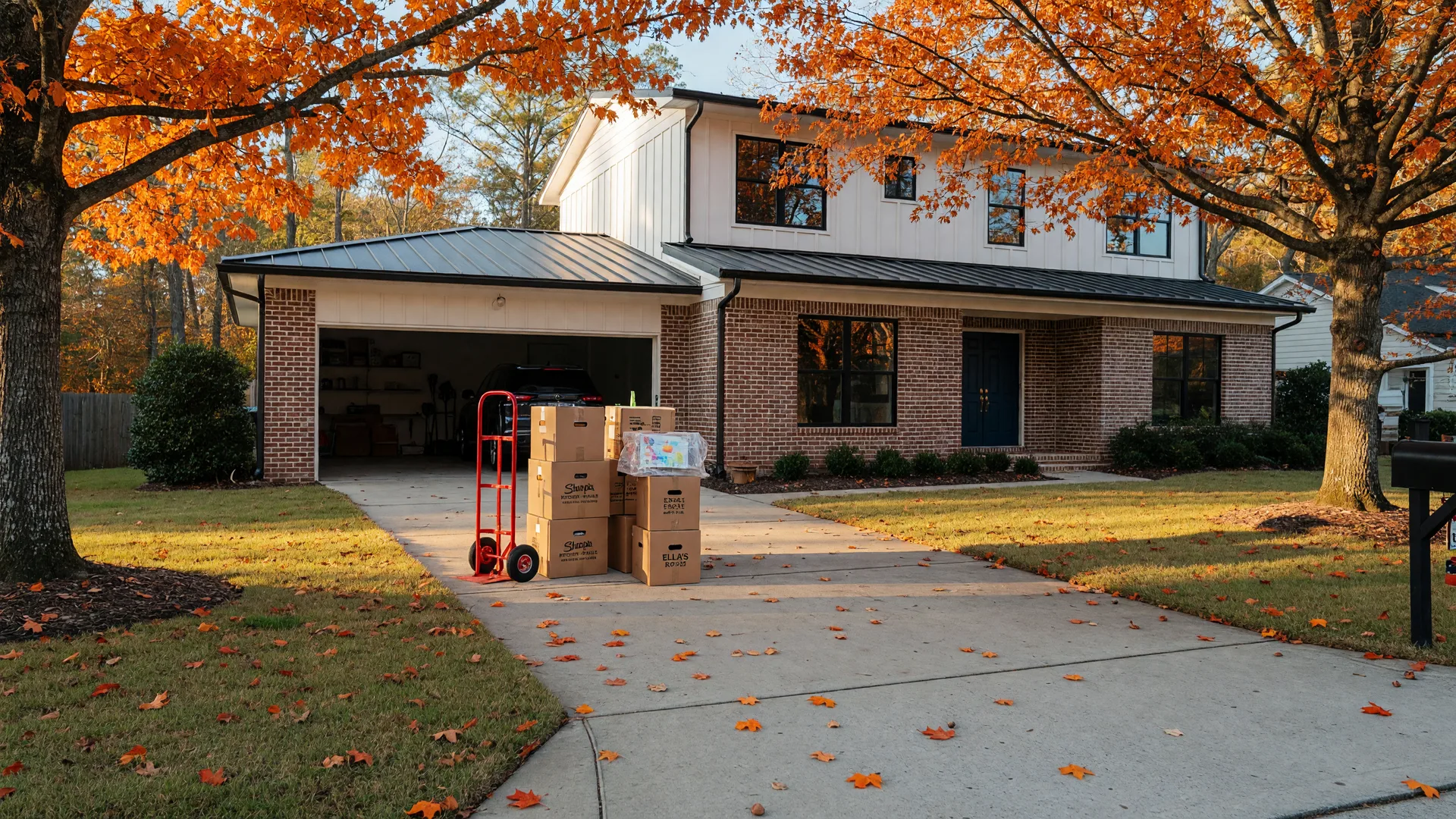 Two-story Triangle-area suburban home on a crisp autumn morning with moving boxes by the garage, the low-rate mortgage versus moving decision Triangle homeowners face at 7.32%