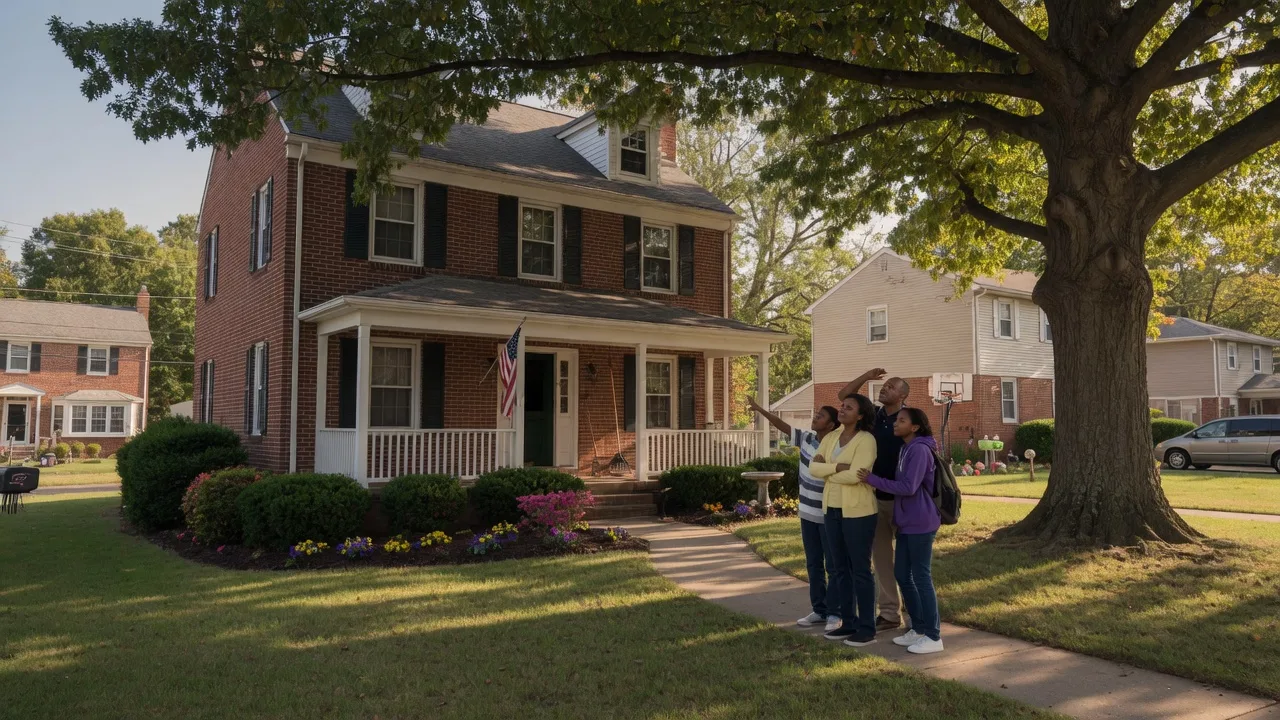 A classic Maryland colonial home with a brick front and white columns, with a family standing on the walkway contemplating their decision