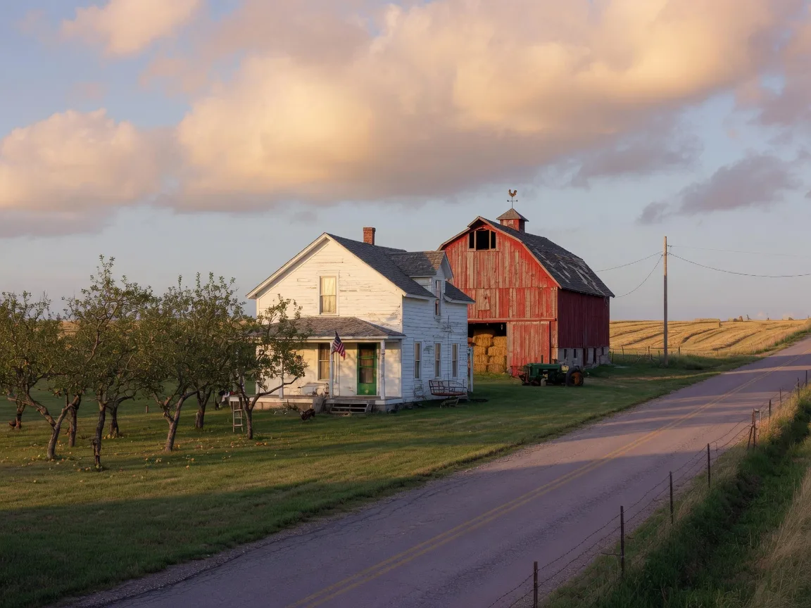 White farmhouse with red barn and orchard on acreage near Star, Idaho