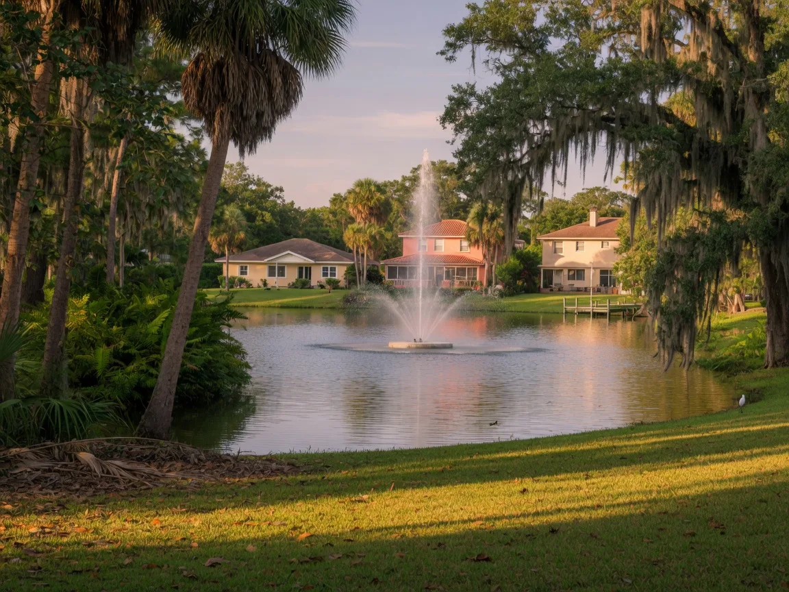 A calm residential lake in Margate in late afternoon, with palms and live oaks framing the shore and homes across the water in golden light