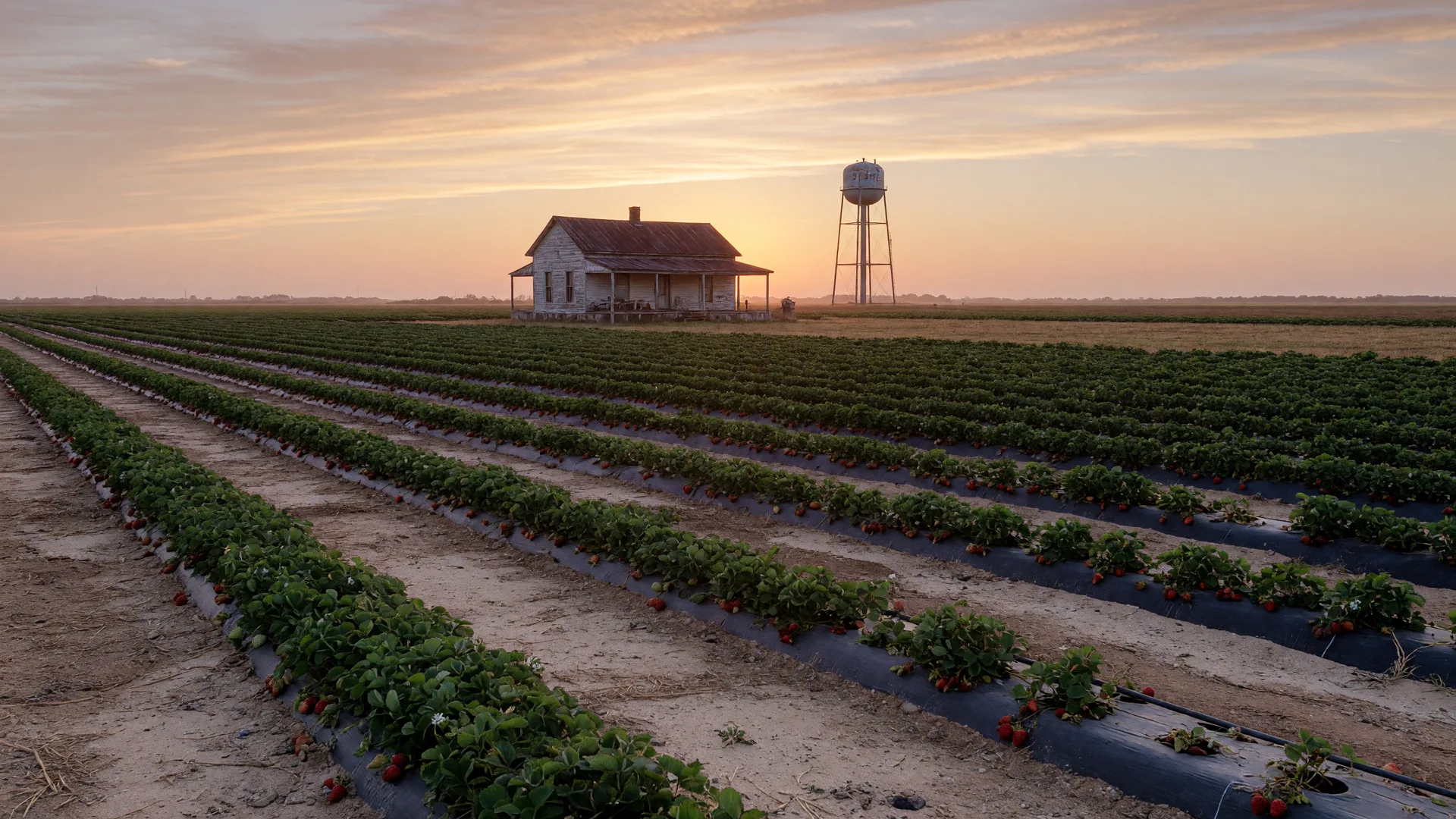 Strawberry fields in Poteet, Texas at sunrise with a farmhouse and water tower in the distance, in the home inspection service area of Rodeo Home Inspections