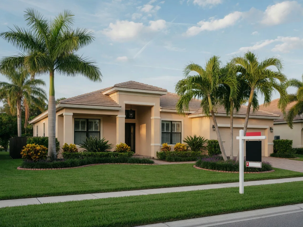 Modern Florida home for sale with palm trees and landscaped lawn