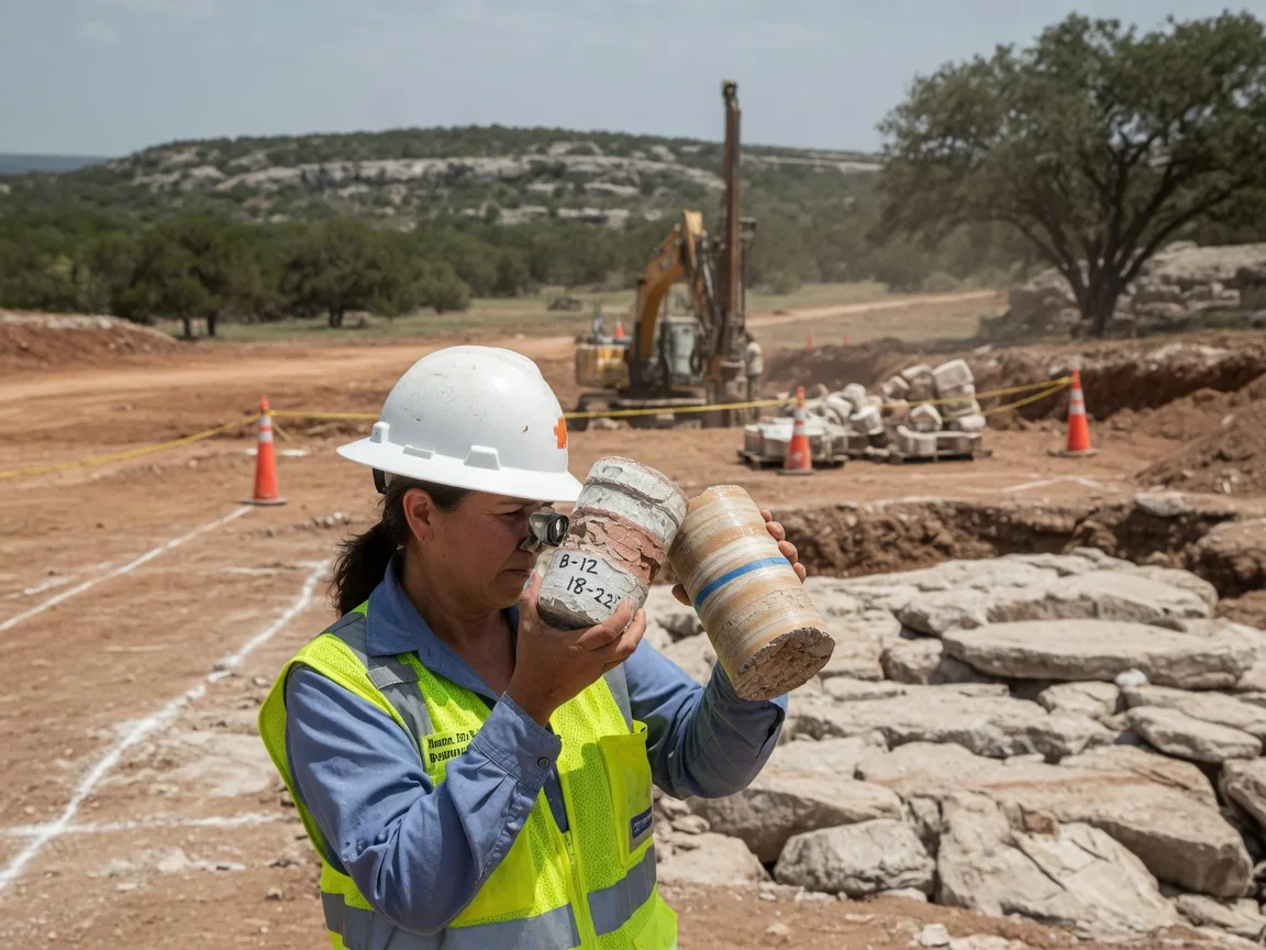 Limestone bedrock exposed during Hill Country excavation, showing the rocky terrain that complicates foundation work
