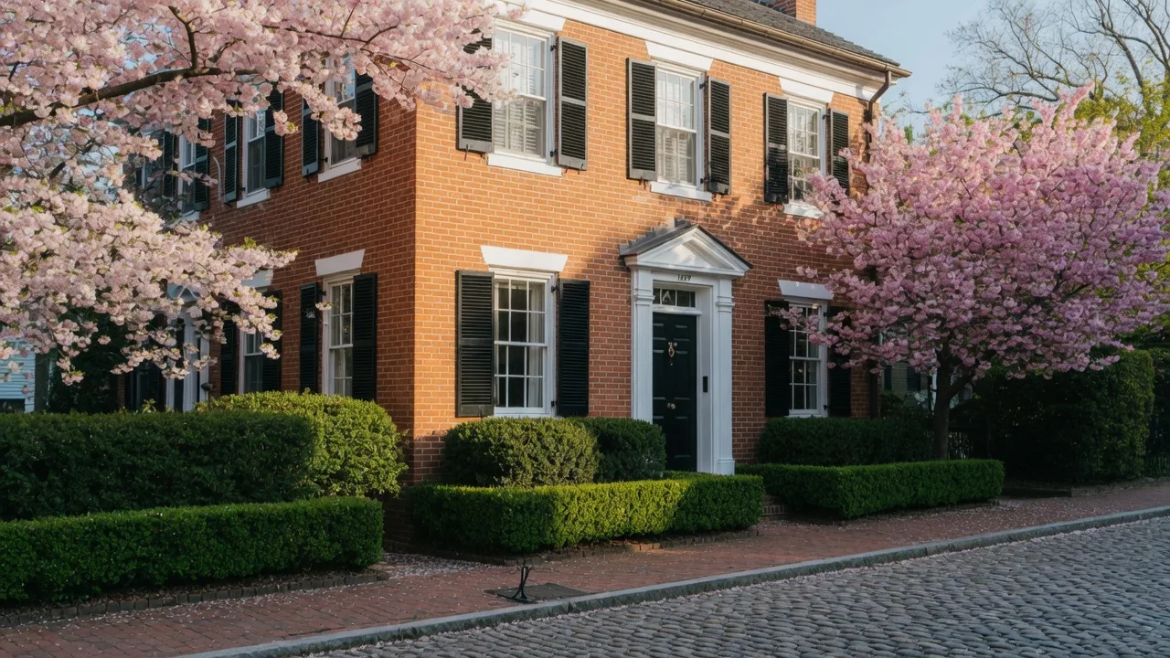 Brick colonial home in Georgetown, Washington DC with cherry blossoms