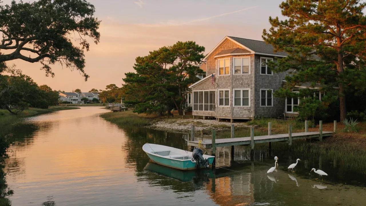 A lagoon-front home in a South Jersey shore community with private dock and moored boat on a calm summer afternoon