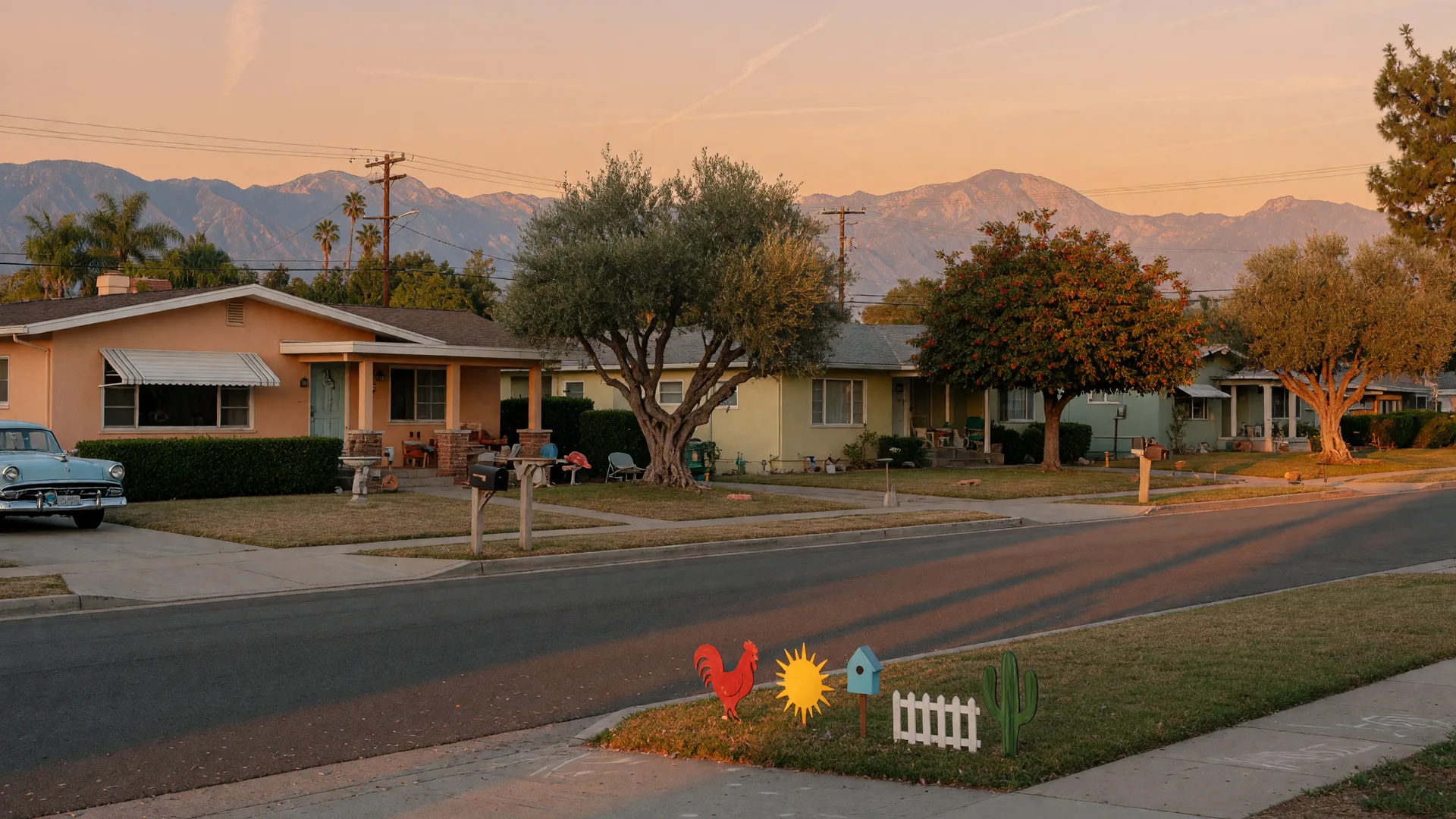 A golden-hour street of single-story mid-century ranch homes in Hastings Ranch, east Pasadena, with the San Gabriel Mountains hazy beyond