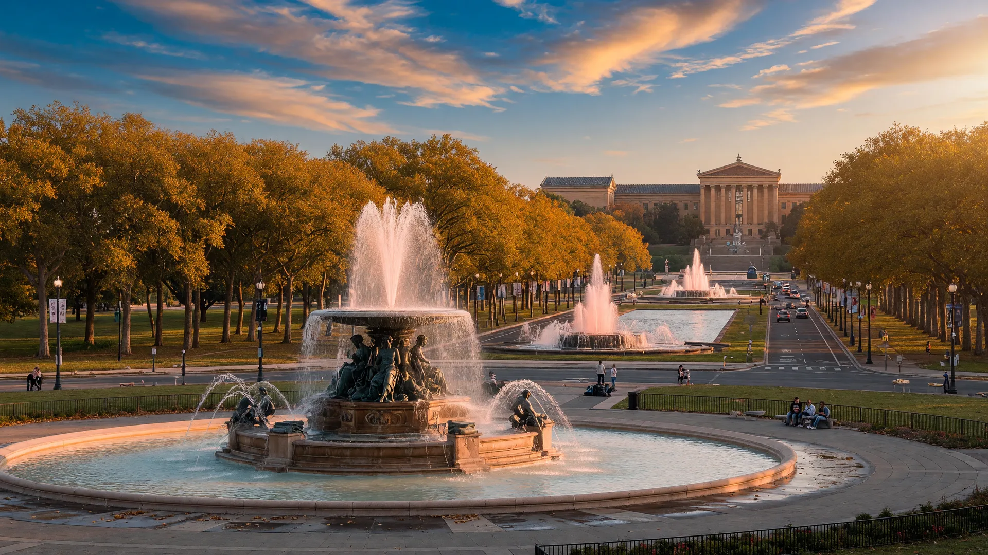 Logan Square and Benjamin Franklin Parkway in Philadelphia with Swann Memorial Fountain