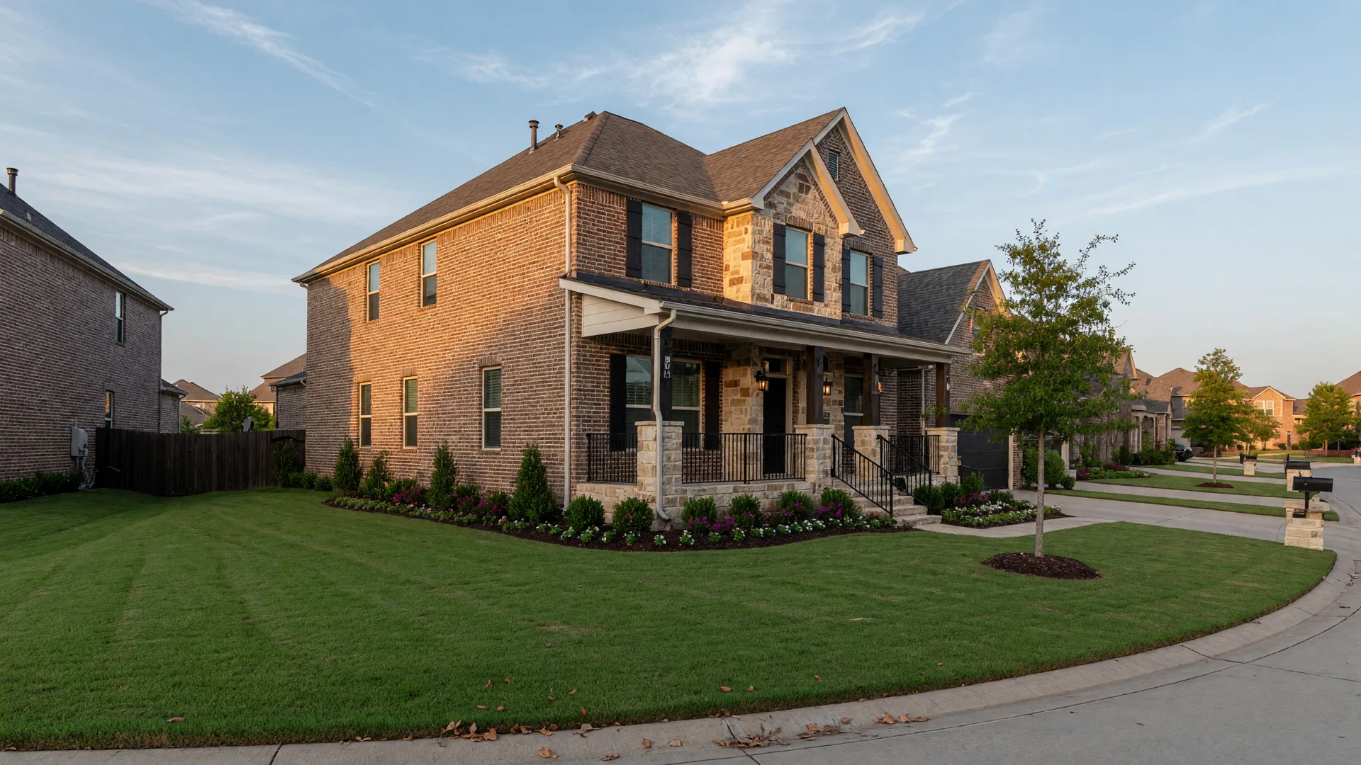 A newer brick and stone home in a North Texas master-planned community at golden hour
