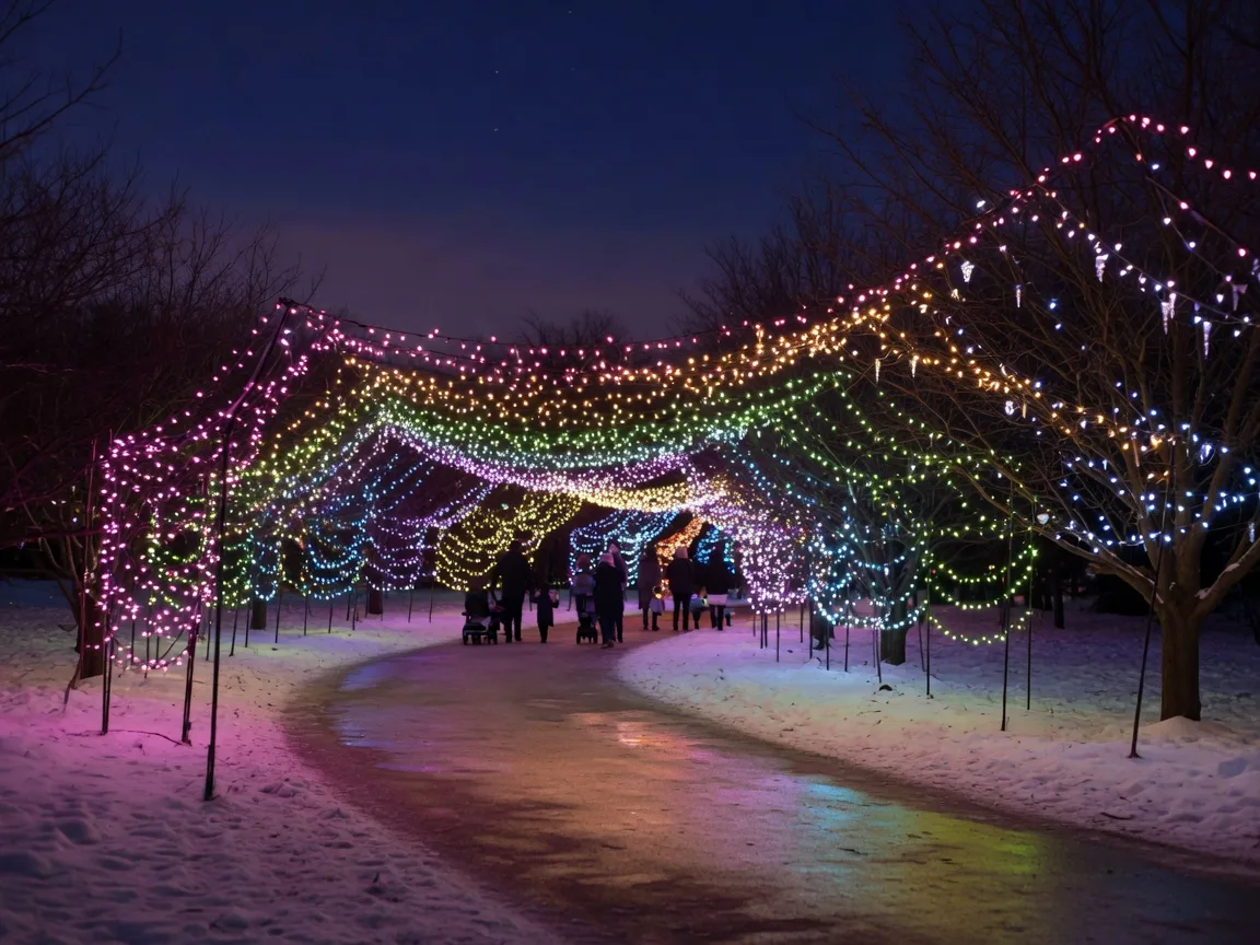 A winter light trail through a park at night with thousands of colored lights strung through trees and arches over a snow-dusted path, families strolling in the distance