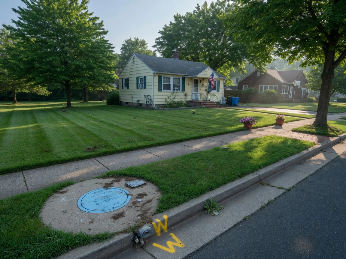 A quiet residential street in Bloomfield NJ with a water utility access point near the curb and a single-family home in the background
