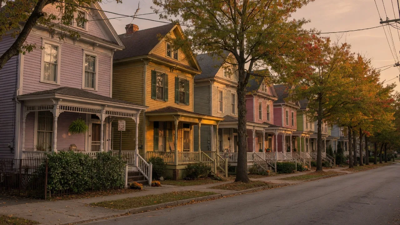 Historic Old Fourth Ward-style Victorian and shotgun homes at golden hour with early fall foliage