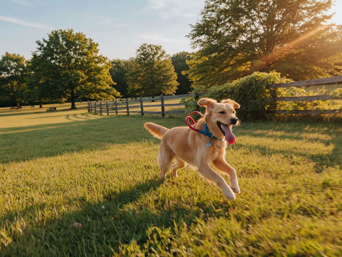 A happy golden retriever running through an open grassy field at a Fairfax County dog park on a bright summer day