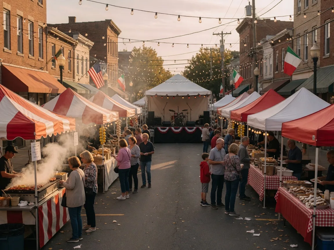 A street festival with vendor tents, string lights, and a stage at the end of a closed-off downtown street