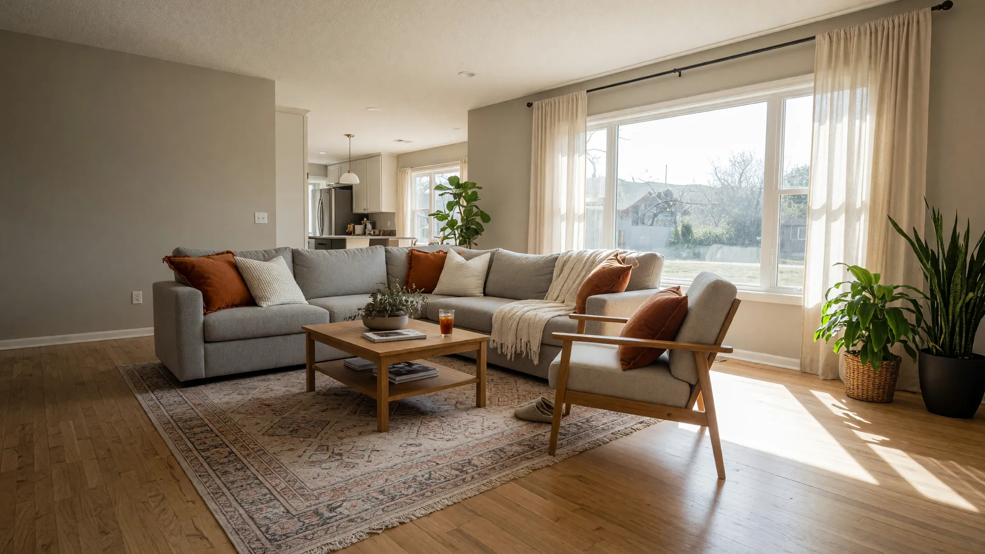 Bright open-concept living room in an Oklahoma suburban home with a gray sectional, rust-orange pillows, and a large window with natural light