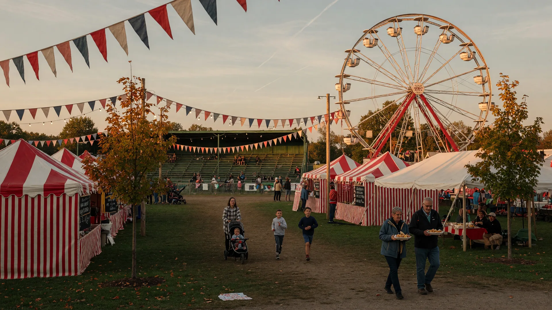 A small-town Ontario fall fair in mid-September at golden hour with a Ferris wheel midway, bunting flags, food tents and maples just beginning to turn orange