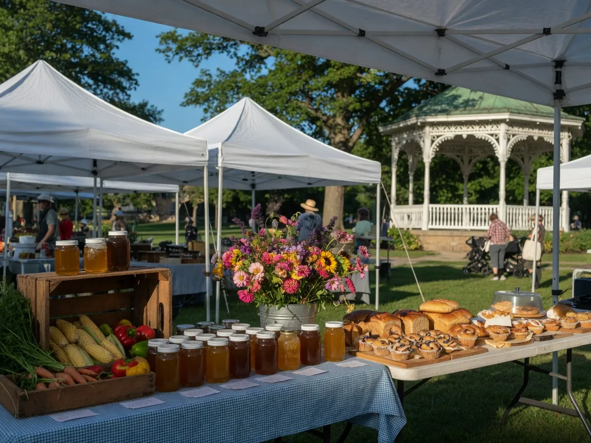White vendor tents at a Saturday farmers and artisans market in a park, with produce and flowers on display
