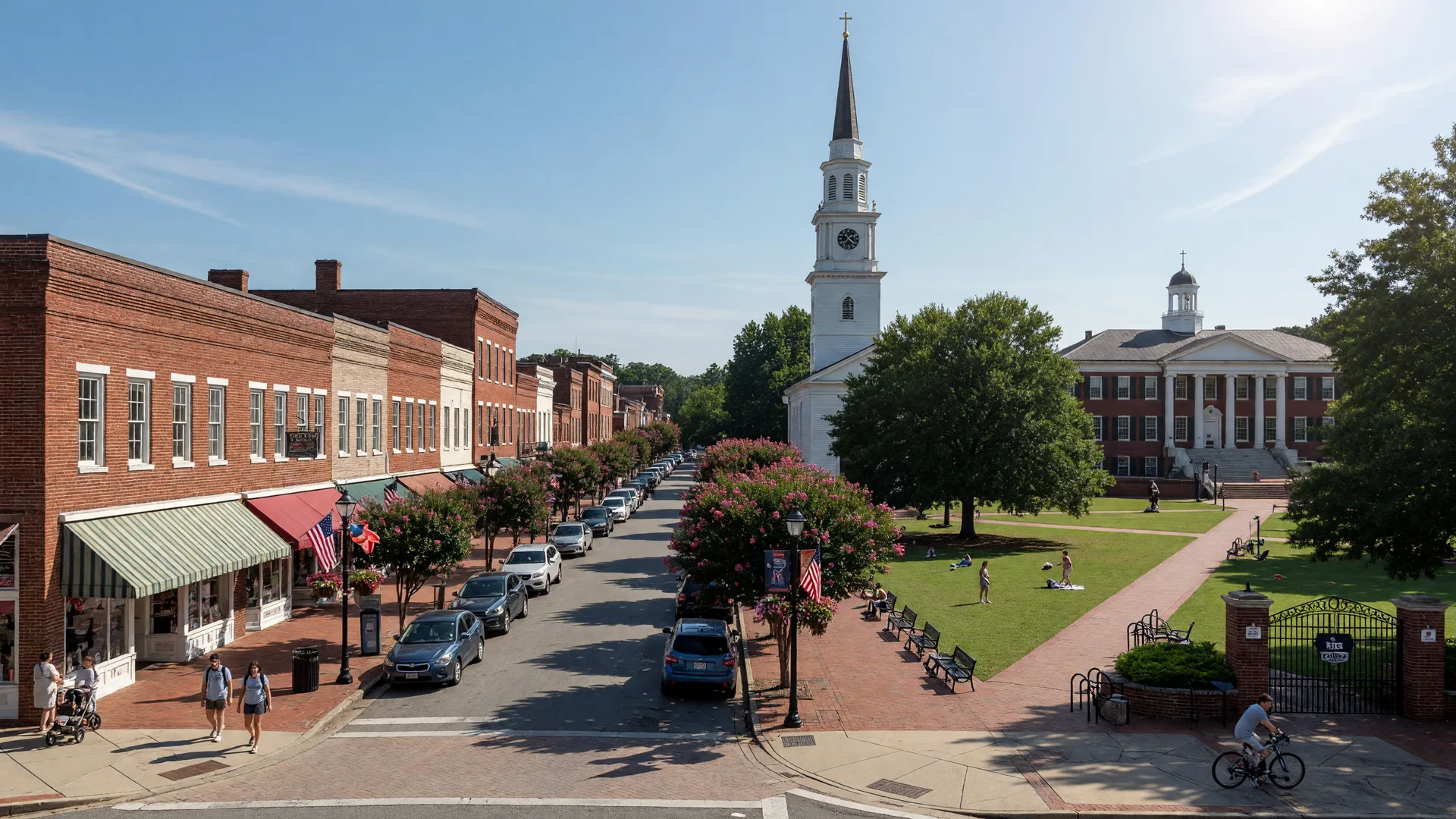 Davidson NC historic downtown with brick buildings and college campus