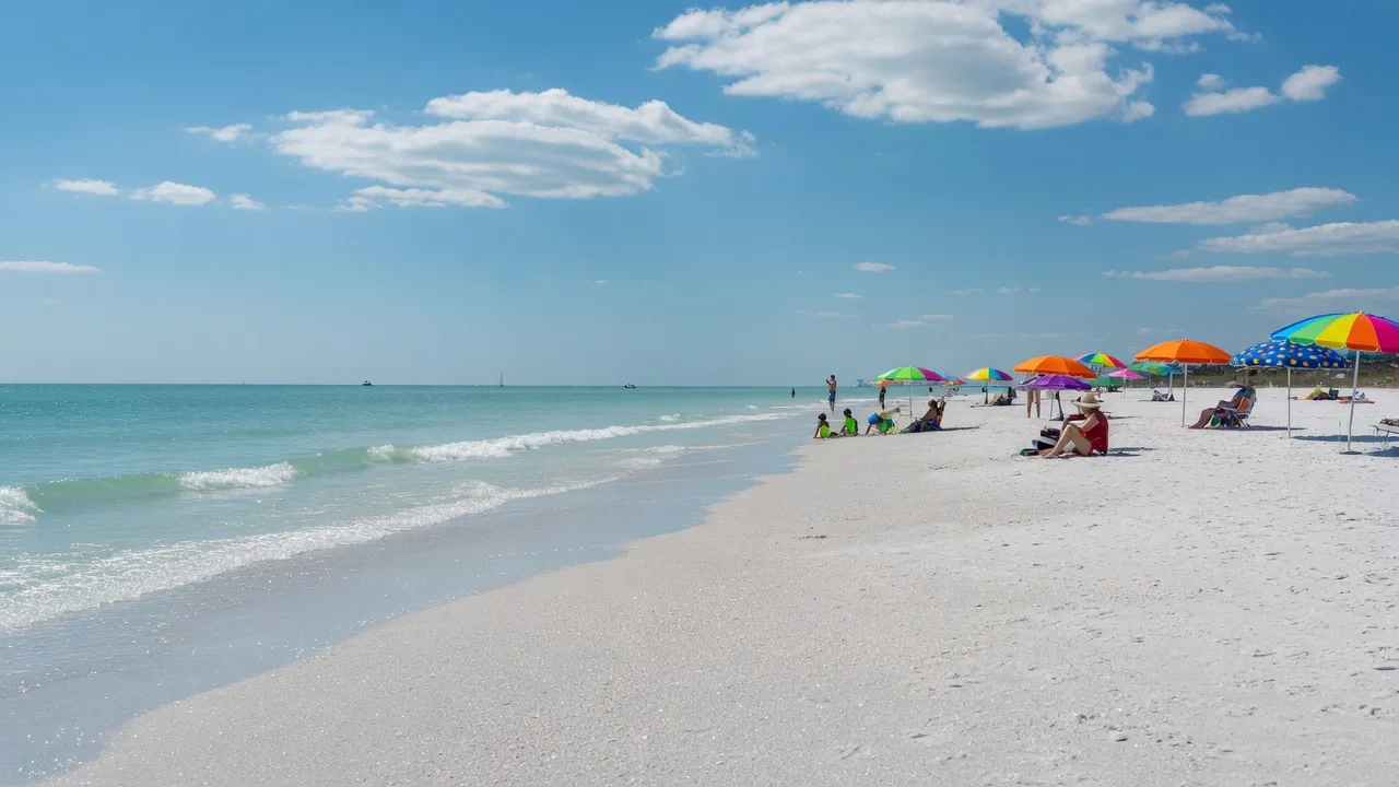 Siesta Key Beach with fine white quartz sand and clear turquoise Gulf water