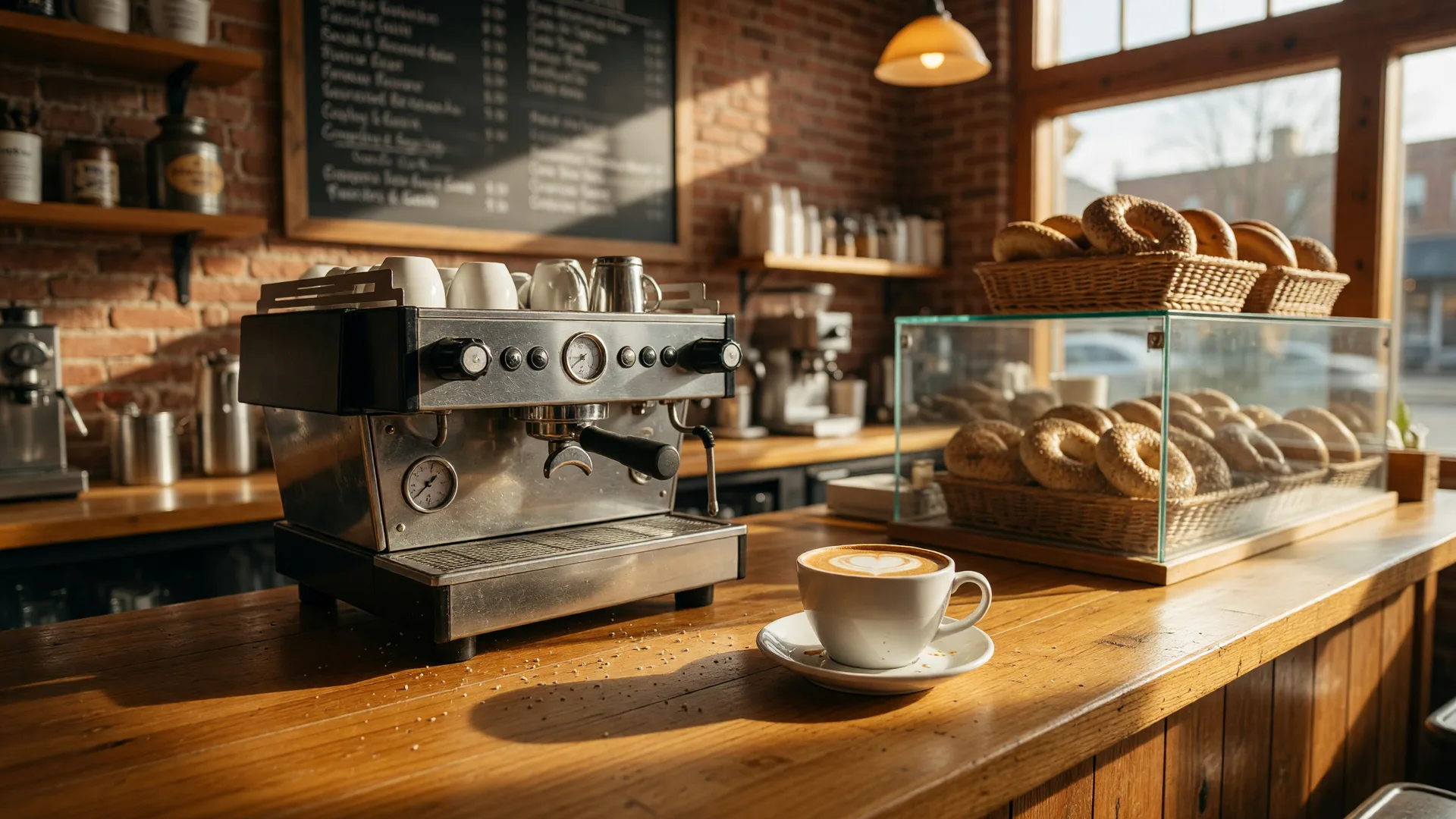 The cozy interior of Broadway Bagels and Coffeehouse in Lebanon Ohio, a wooden counter with a matte espresso machine, baskets of fresh bagels in a glass case, and a latte with heart foam art in warm morning window light with exposed brick softly blurred behind