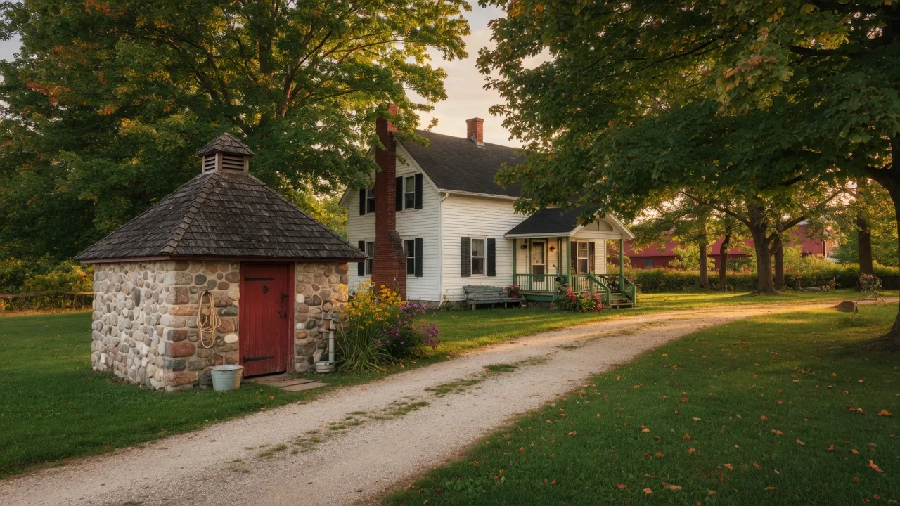 Rural country property in Durham Region with a well house in the foreground and a traditional farmhouse set among mature maple and oak trees on a sunny late summer afternoon