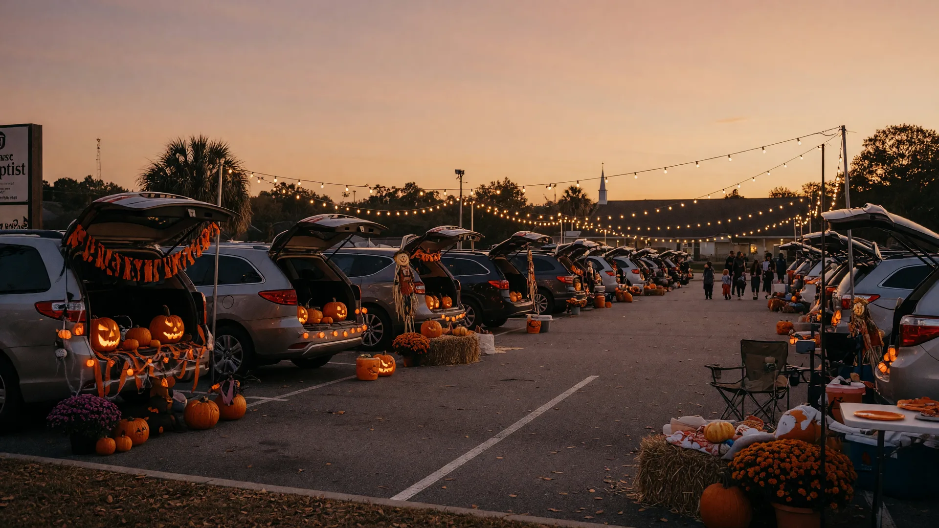 Decorated car trunks with glowing pumpkins and string lights at a trunk-or-treat in a church parking lot on an October evening