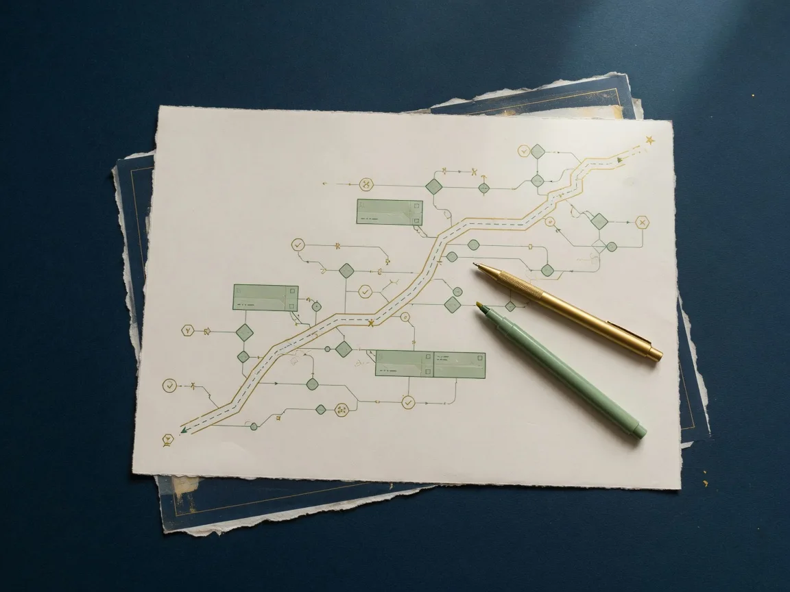 A printed evidence pathway diagram with route lines and decision markers on navy paper with a green marker