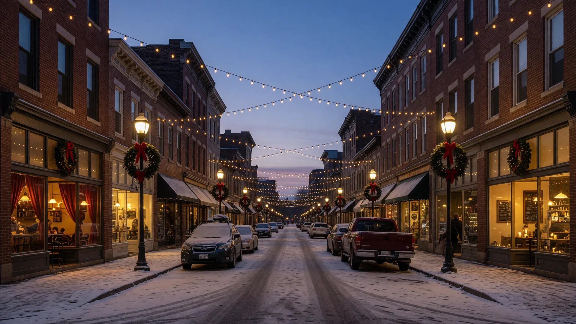 Holiday lights glowing over a downtown Fayette Street-style dining row on a winter evening