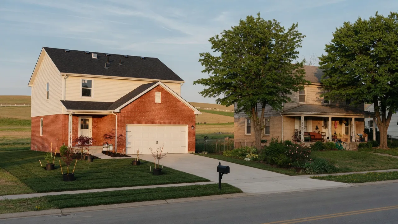 A brand-new brick-and-siding construction home beside an established existing home on a quiet Kentucky street at golden hour