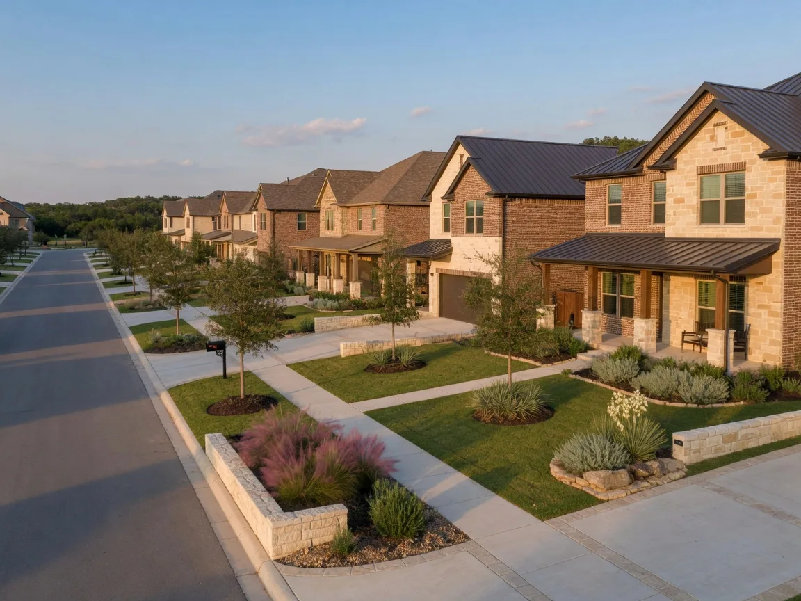 New stone and brick Hill Country homes along a landscaped street with young oaks in Boerne