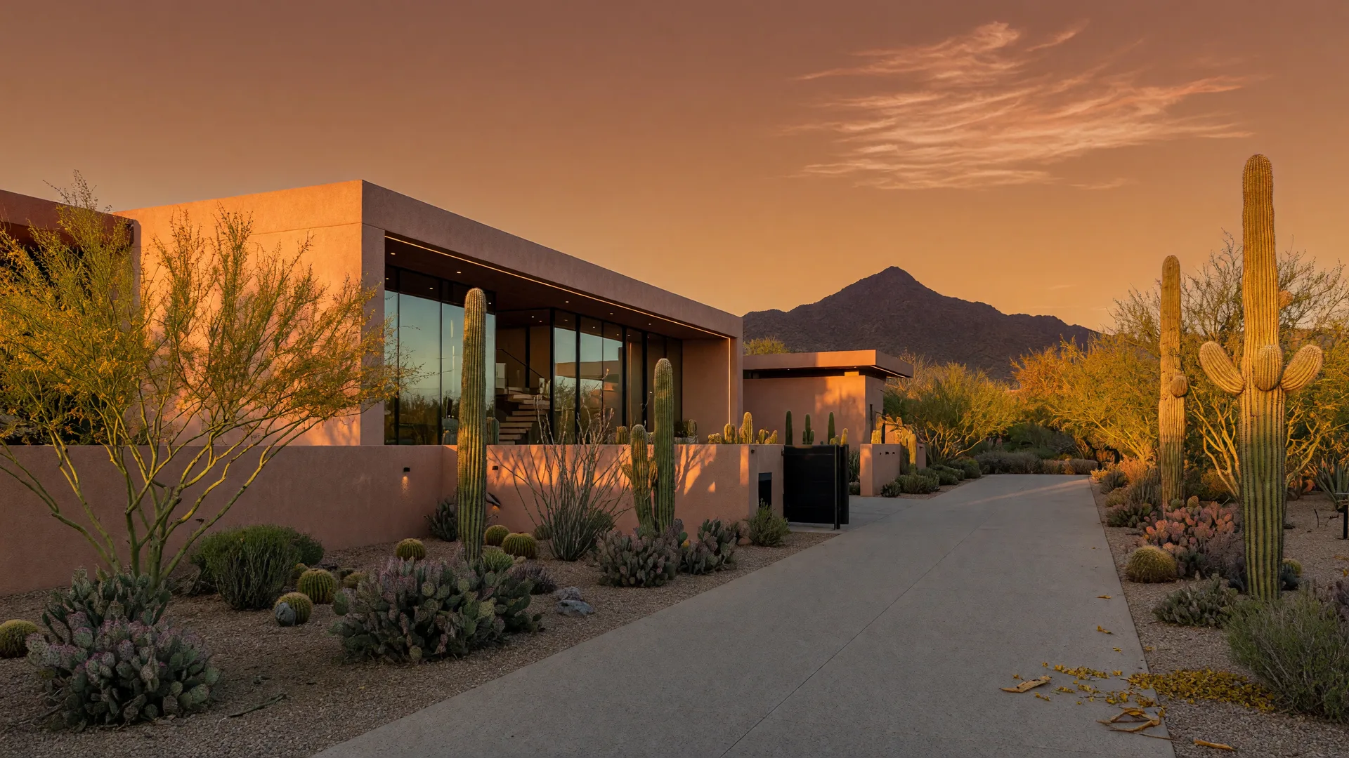 A modern luxury home in the Phoenix desert at golden hour, with saguaro cacti and Camelback Mountain in the distance