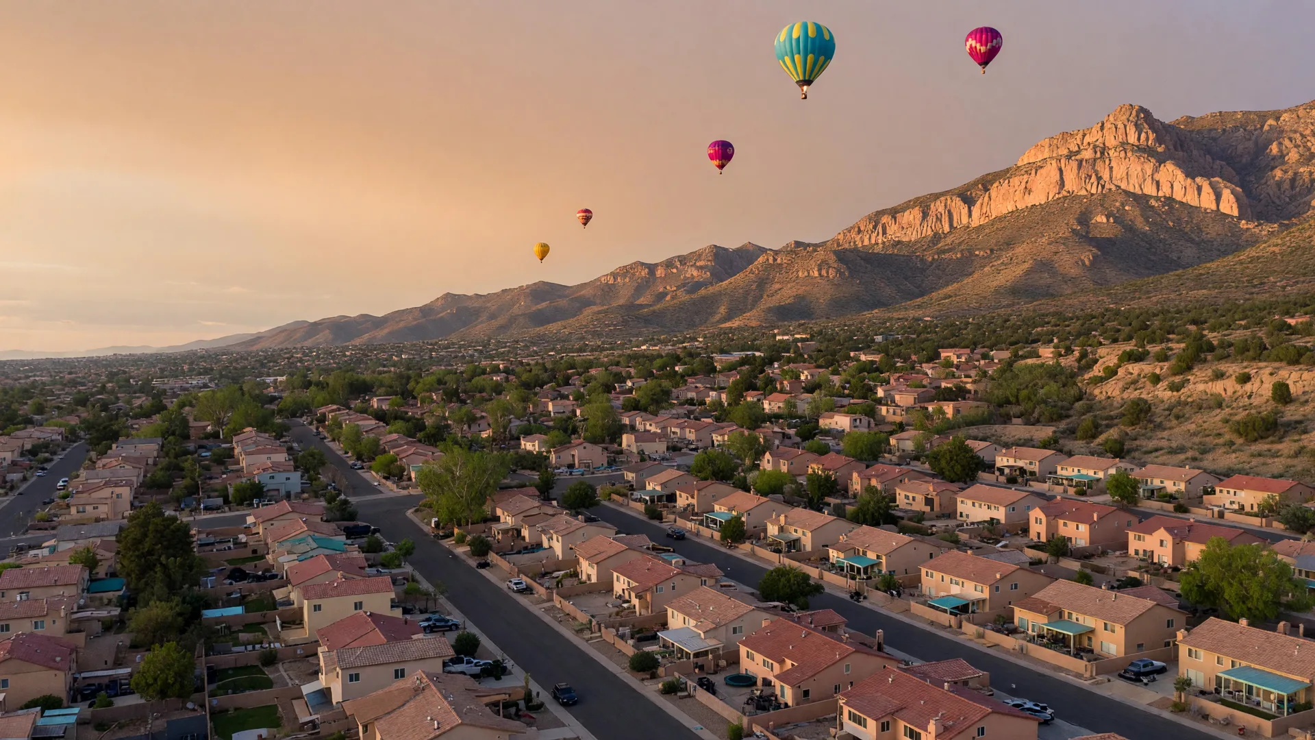 Aerial view of a residential Albuquerque neighborhood at golden hour