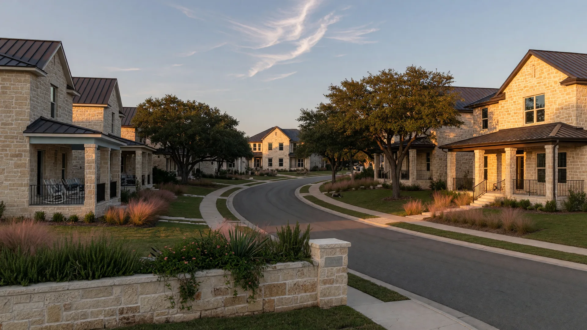 Golden-hour view of new Hill Country homes at Esperanza in Boerne, with limestone facades, metal roofs, and live oaks along a quiet street