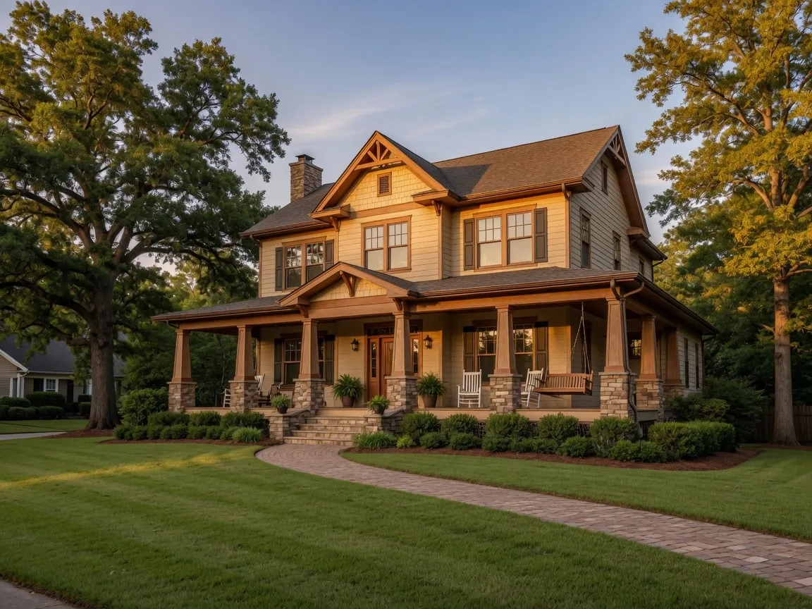 A two-story craftsman house for sale in north Georgia at golden hour