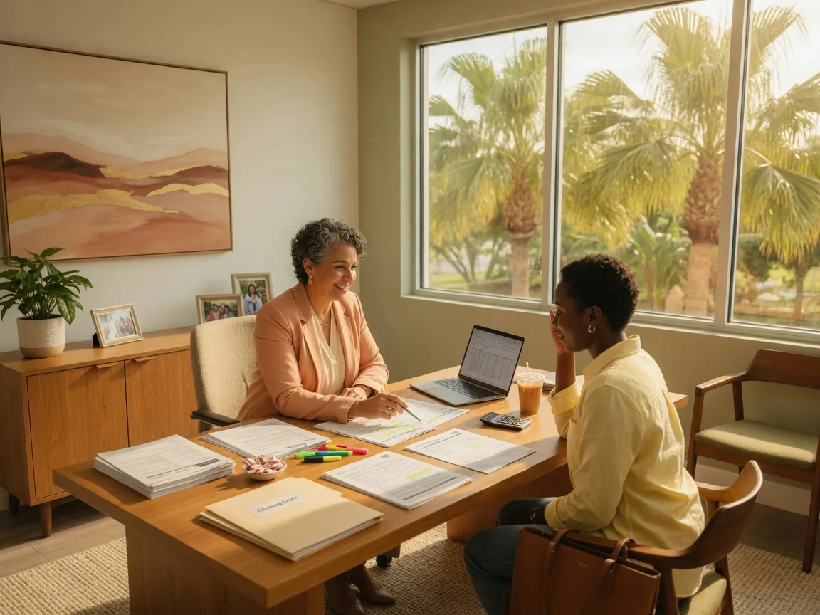 Mortgage lender consulting with a home buyer in a bright South Florida office with palm trees visible