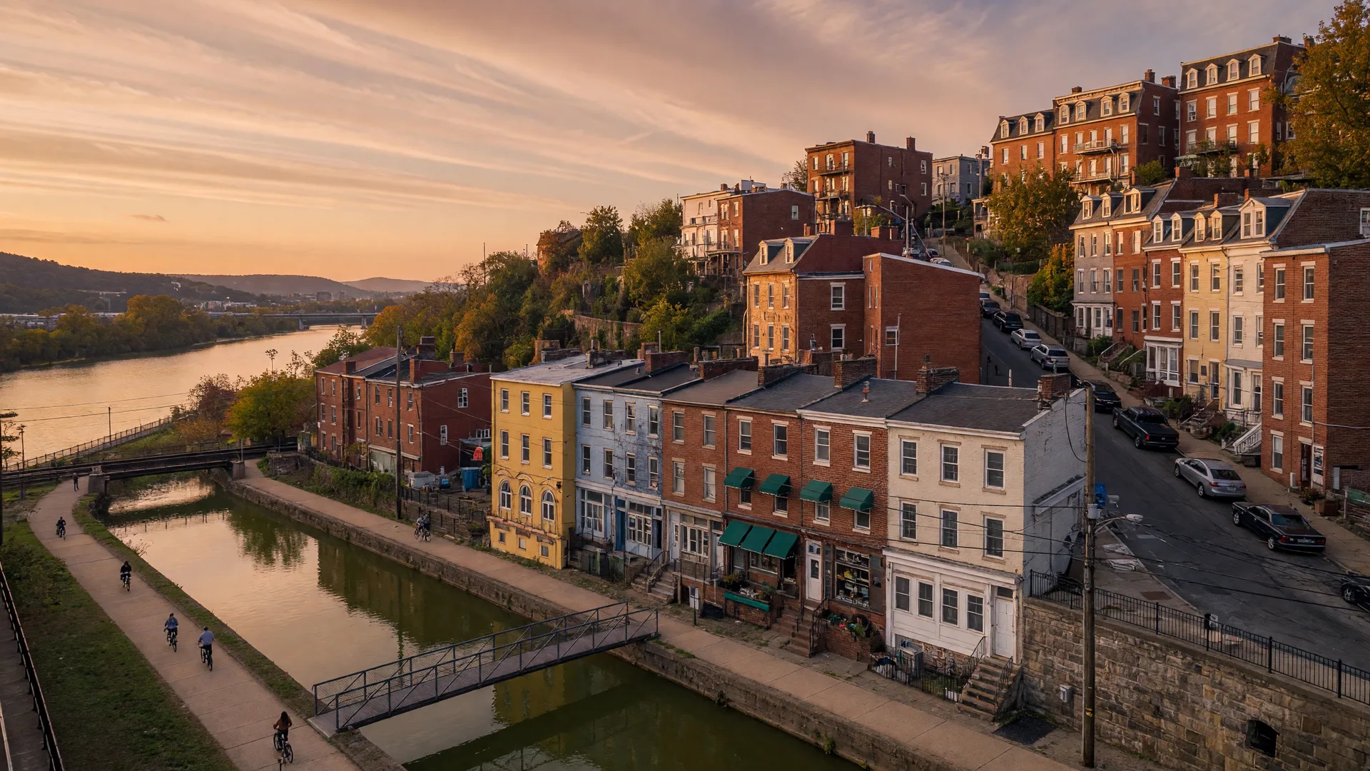 Manayunk neighborhood along Main Street and the Schuylkill River in Philadelphia