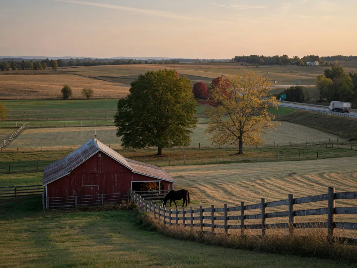 Rural Caroline County Virginia farmland with a red barn and autumn trees along the I-95 corridor