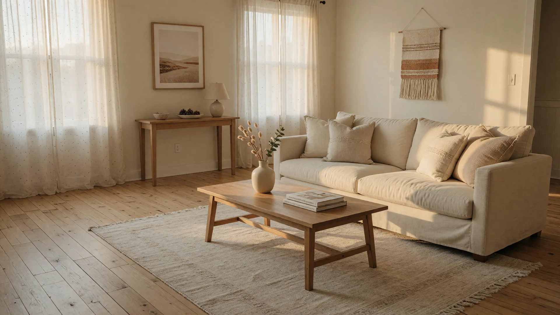 A staged,neutral living room in a Colorado Springs home,soft afternoon light streaming through sheer curtains