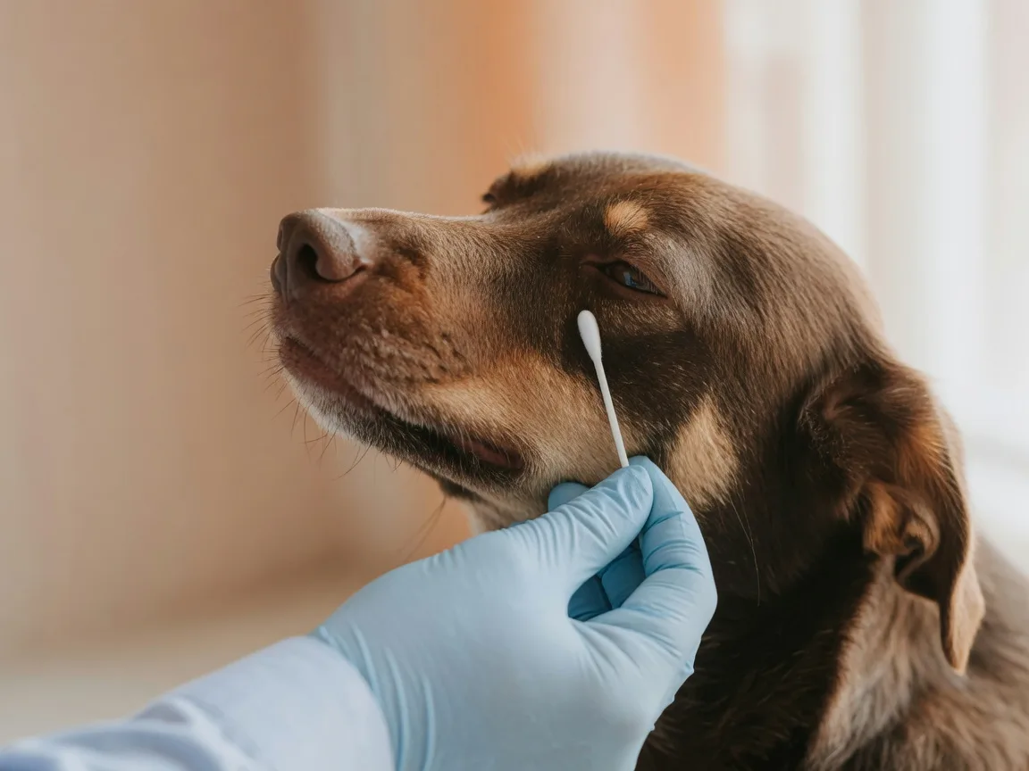 A calm mixed-breed dog receiving a gentle cheek swab
