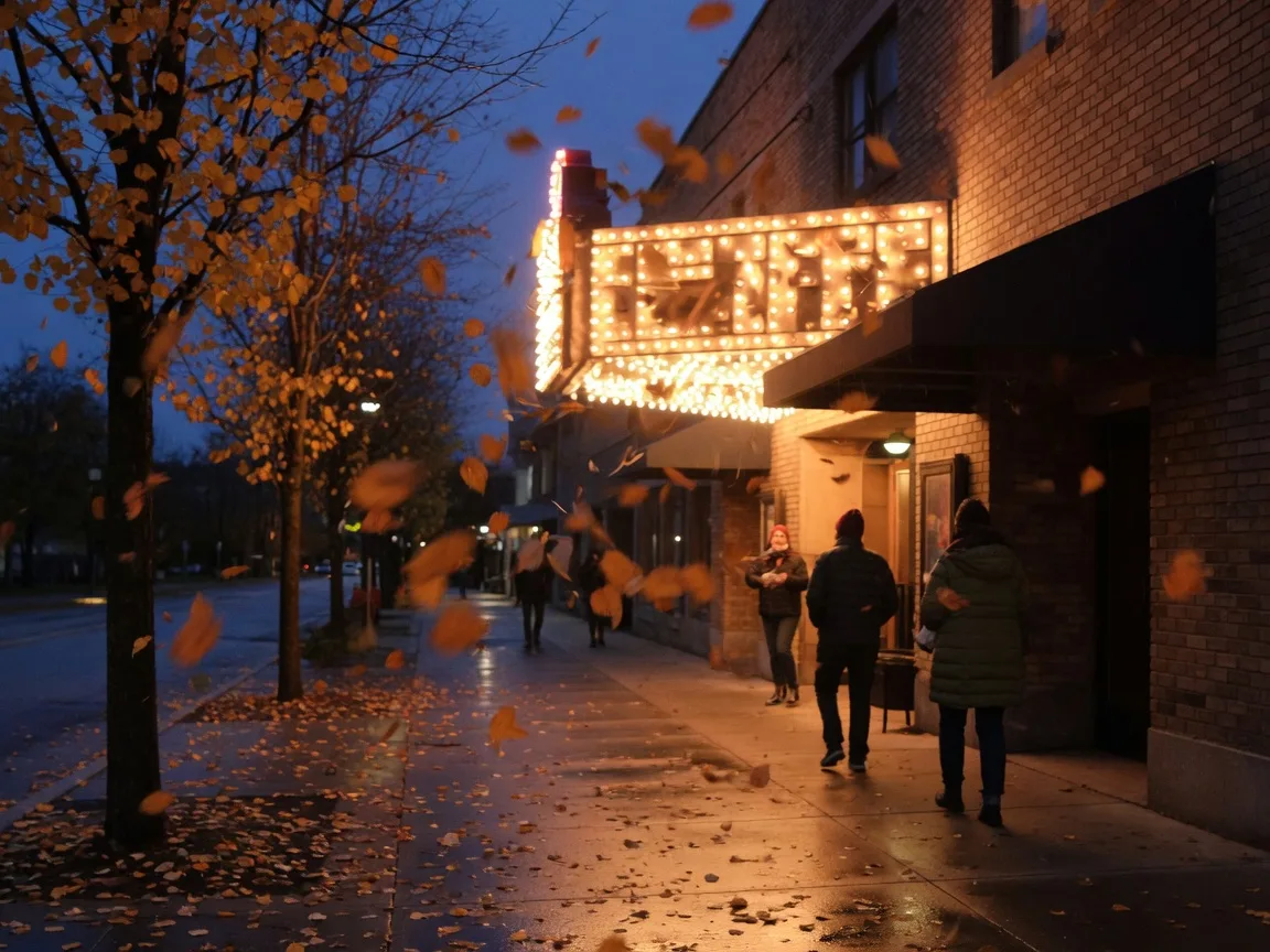 The Keswick Theatre marquee glowing warm on a late-October night through falling autumn leaves, distant figures in jackets heading toward the entrance beneath the canopy under a deep blue-hour sky
