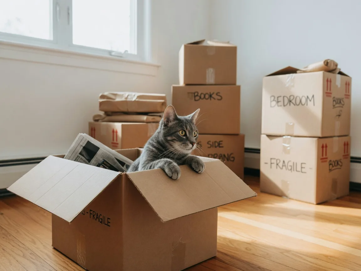 A cat peeking from a cardboard box during a move