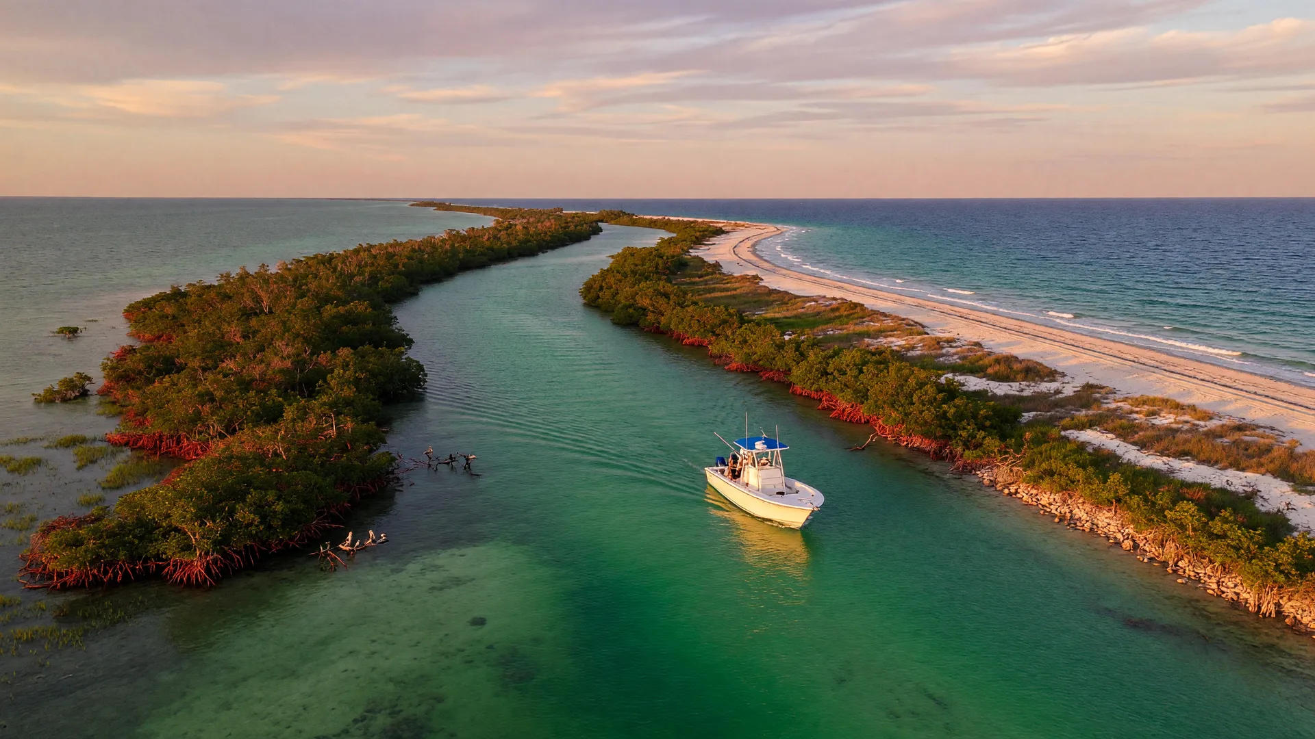Boat navigating a Gulf Coast inlet pass at golden hour