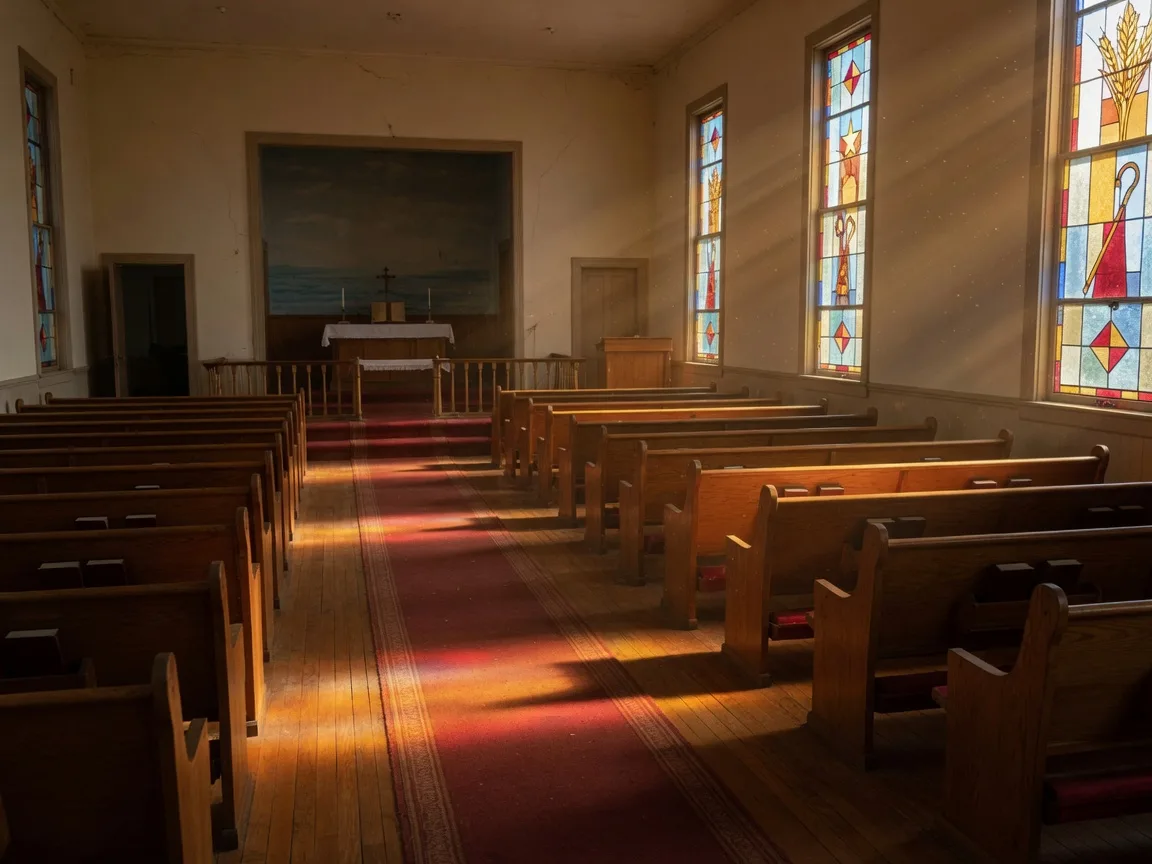 Warm afternoon light streaming through a small-town church's stained glass windows onto wooden pews and a center aisle