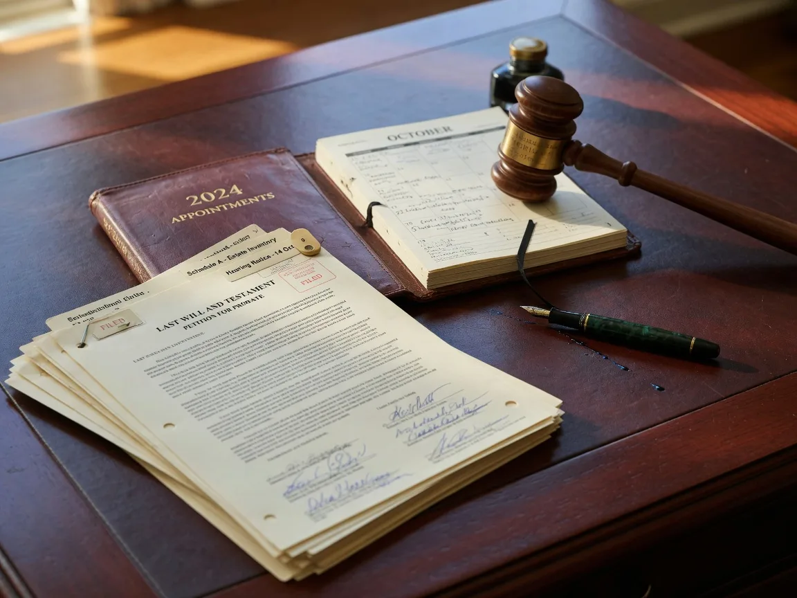 Documentos legales, calendario, mazo y pluma fuente en un escritorio de caoba