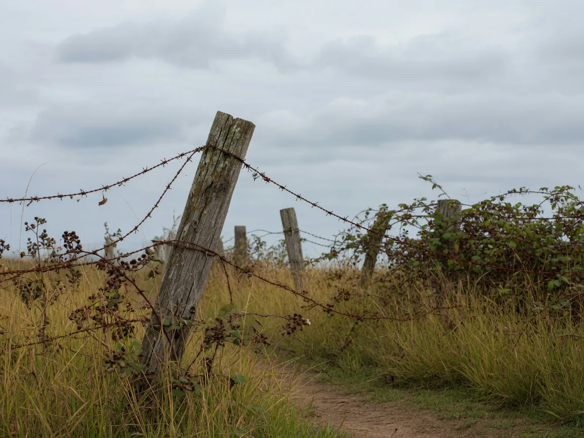 Leaning fence post with sagging barbed wire at an overgrown property boundary