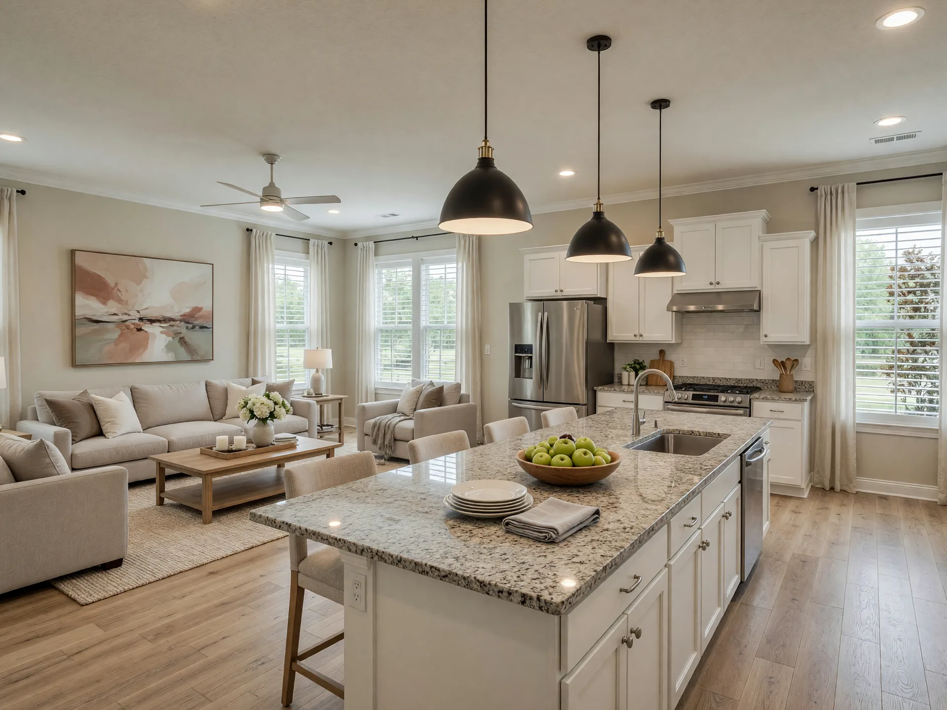 Bright open-concept model home interior in Augusta Georgia with modern kitchen featuring granite countertops, stainless steel appliances, and island seating in natural daylight