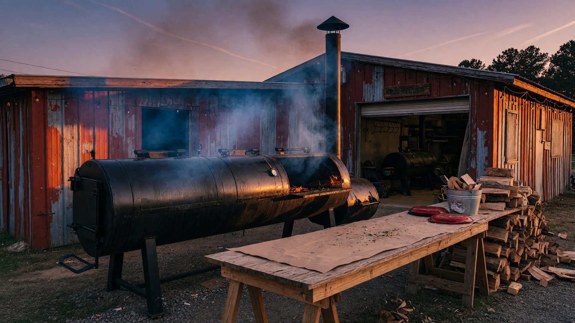Moonie's Texas BBQ smokehouse with oak smoke curling at golden hour, Flowery Branch Georgia