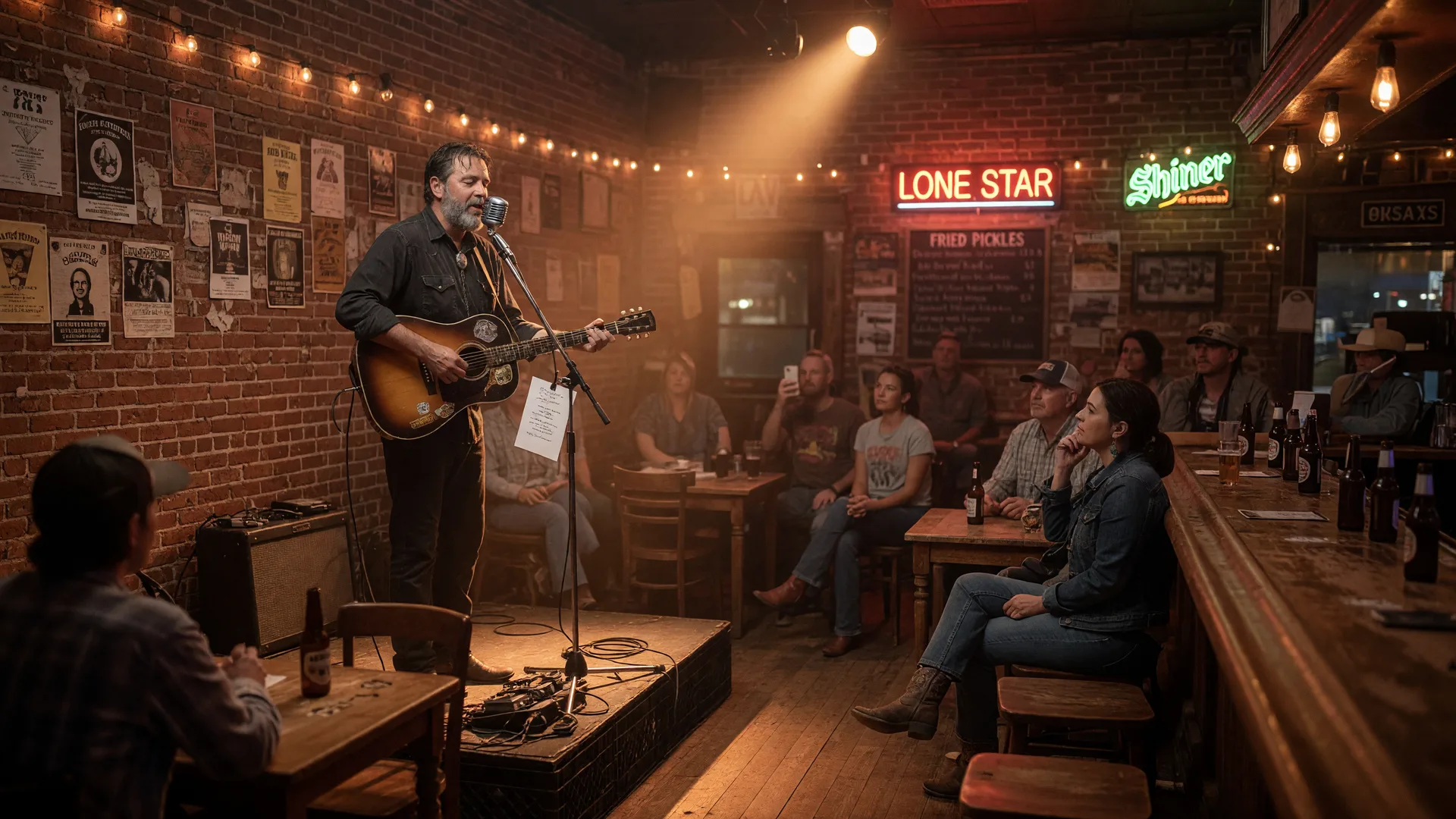 A musician performing on a small stage in a cozy Texas pub with exposed brick and neon signs