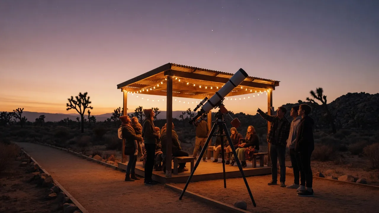 Families gathered at a desert observatory pavilion with string lights and a telescope under a starry twilight sky near Joshua Tree